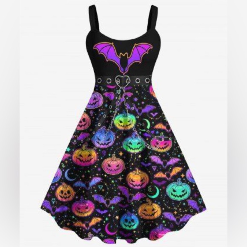 Cute Brand New 3D halloween bat pumpkin print tank dress heart buckle chains nwt